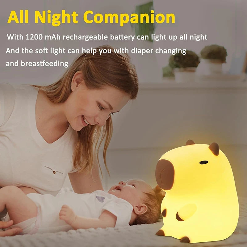 Chill Capybara LED Night Light - Rechargeable Silicone Touch Lamp for Kids & Adults